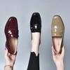 Single Shoes Women's 2025 Spring Simple Temperament Square Heel Work Shoes Cow Patent Leather Shallow Mouth One Pedal Two Kinds of Height Leather
