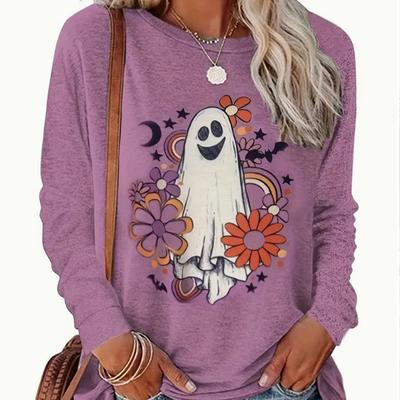 Топы для женщин Хэллоуин Призрак Цветочный принт круглый вырез длинный рукав футболка осень повседневный тонкий пуловер женский длинный рукав топ