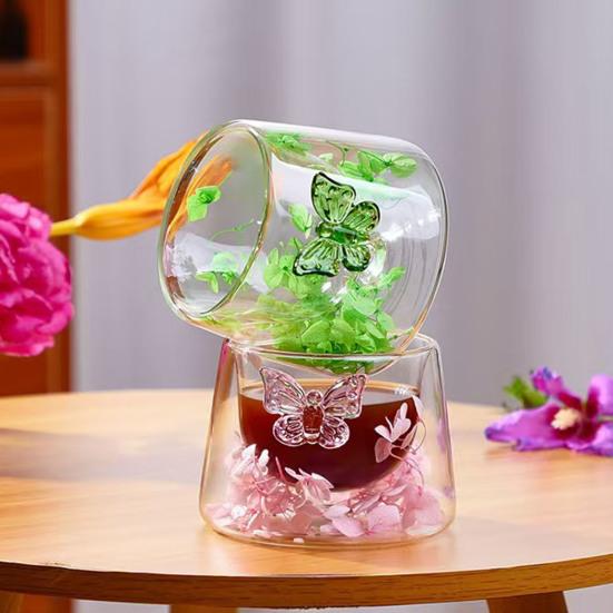 Стеклянные кружки для кофе с двойными стенками и сушеными цветами, 150 мл, термостойкие стеклянные стаканы для дома, офиса, чашки для послеобеденного чая, уникальные подарки для женщин