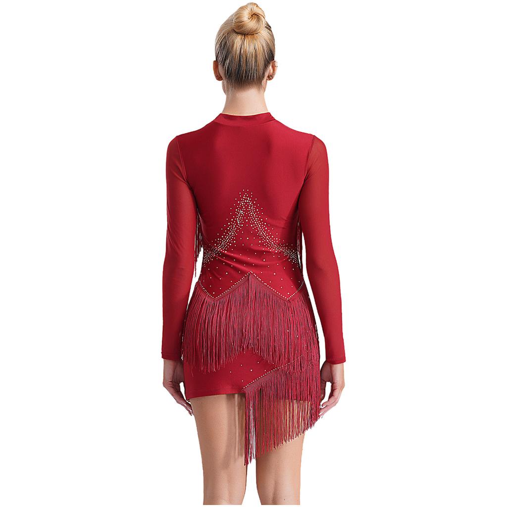 Женское платье для латинских танцев с V-образным вырезом и длинным рукавом, блестящая бахрома из страз, костюм для выступлений в стиле танго, румба, ча-ча-ча