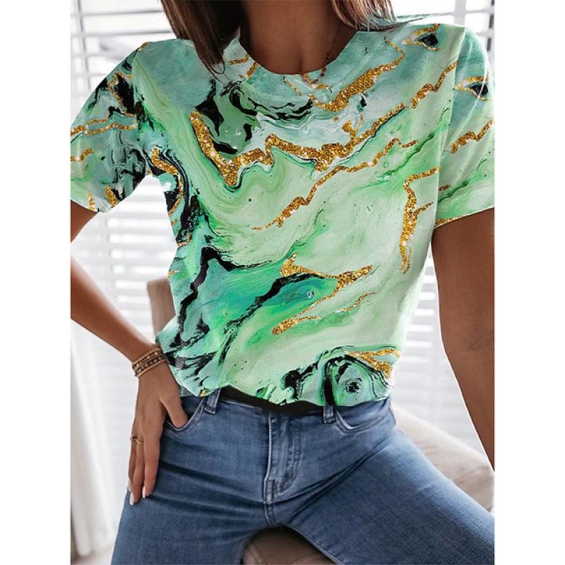 Летние женские футболки с 3D цветочным принтом и круглым вырезом, повседневные уличные топы с короткими рукавами, элегантная футболка, свободная одежда, женская одежда