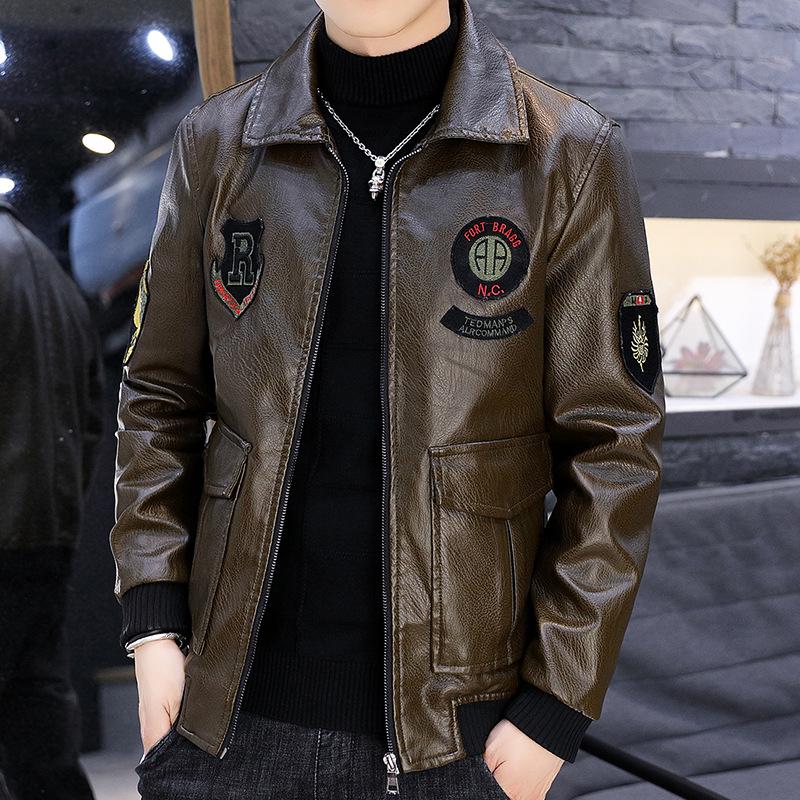 Мужская кожаная куртка, плюшевая осенне-зимняя новая кожаная куртка из искусственной кожи с лацканами, мотоциклетная корейская версия, облегающая трендовая красивая мужская куртка