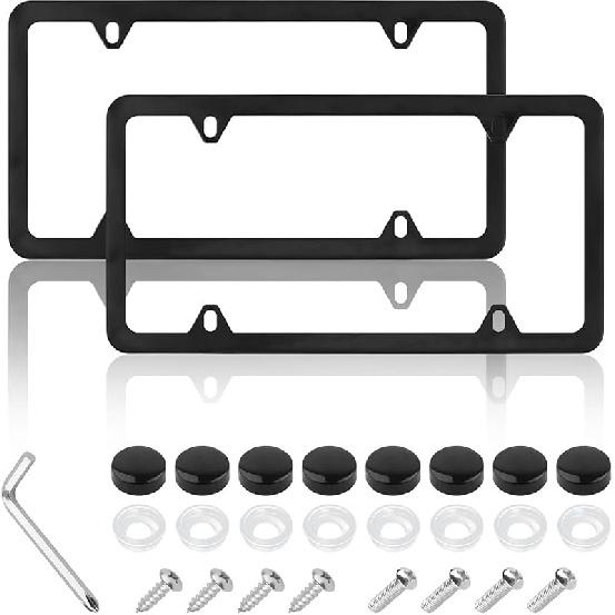 2PCS Colorful Car License Plate Frames With Gaskets Screws & Caps,Stainless Steel 4 Holes License Plate Holder Fits U.S. Standard,Universal Car