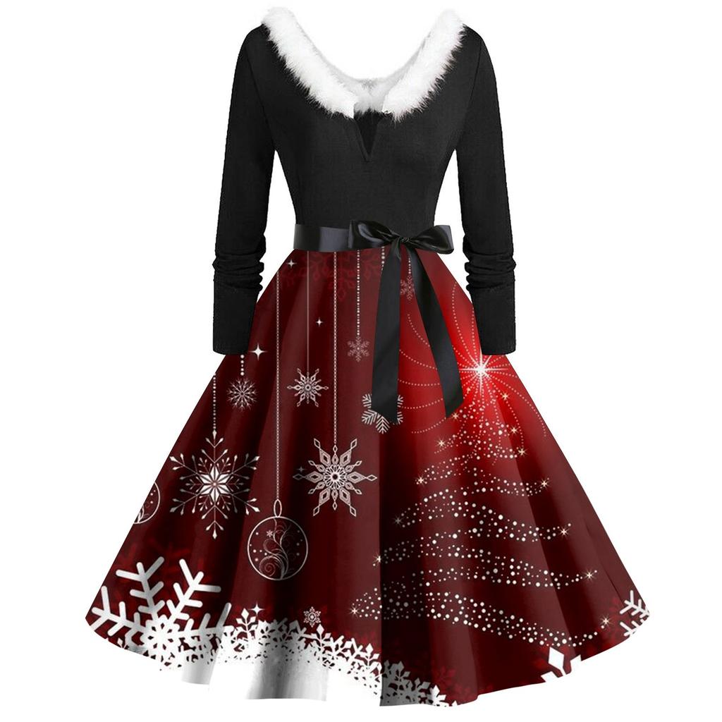 Женское винтажное платье с длинным рукавом и рождественским принтом в стиле 1950-х годов для вечеринки, выпускного вечера, для домохозяйки