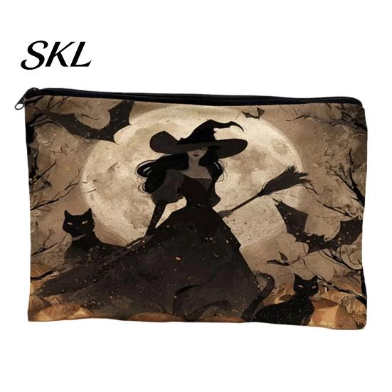 Witch Pumpkin Pattern Bag Storage Bag, with Smooth Zipper, Thickened Polyester Large Capacity Thick Canvas Cosmetic Halloween Printed Pouch Small Item