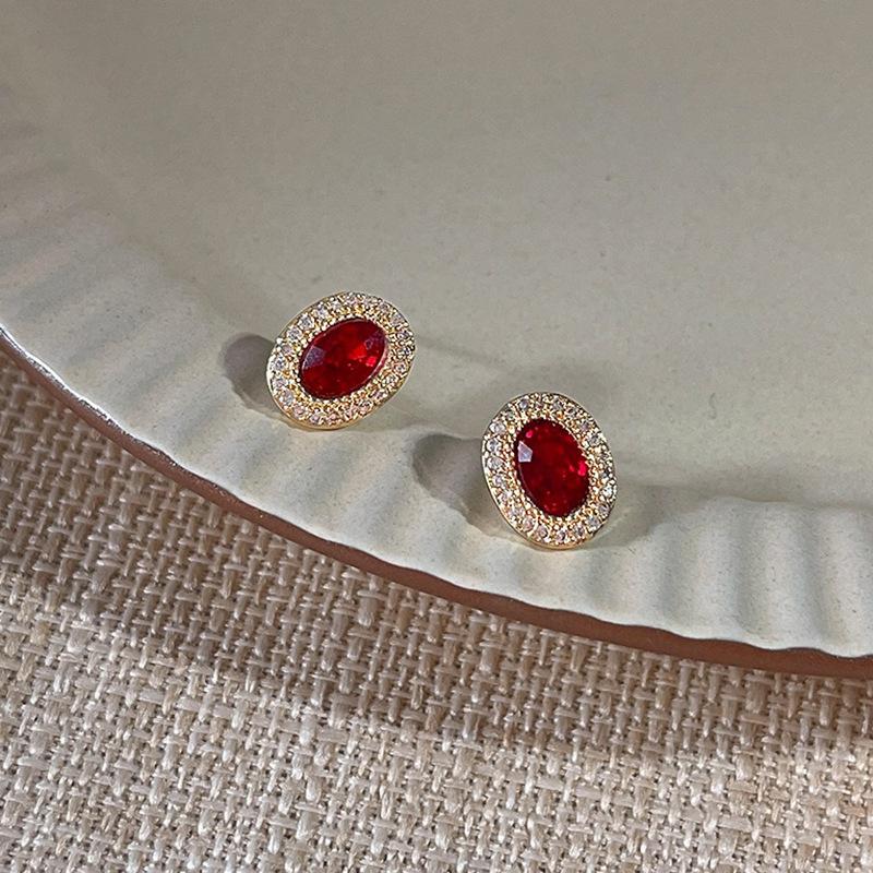 Goose Egg Stud Earrings Women's Light Luxury Niche Micro-inlaid Zircon Red Flash Oval Ear Jewelry