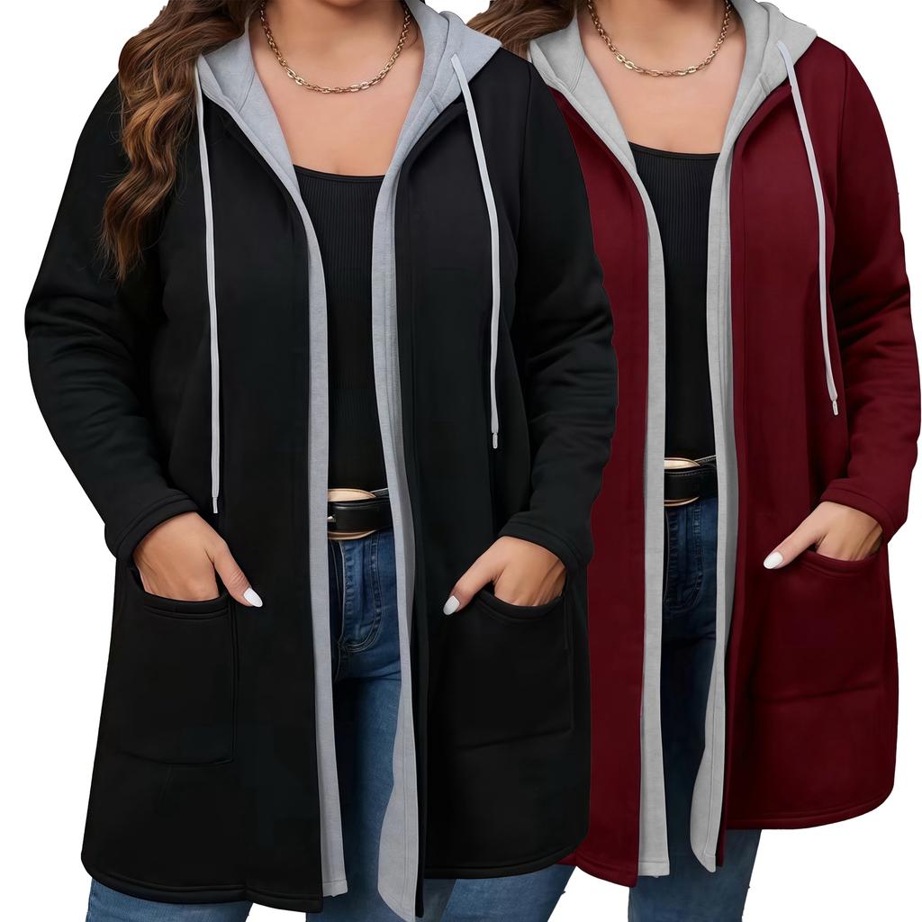 Plus Size Fake Two-Piece Hooded Cardigan with Pockets & Drawstring, Long Chic Fall/Winter Women's Coat