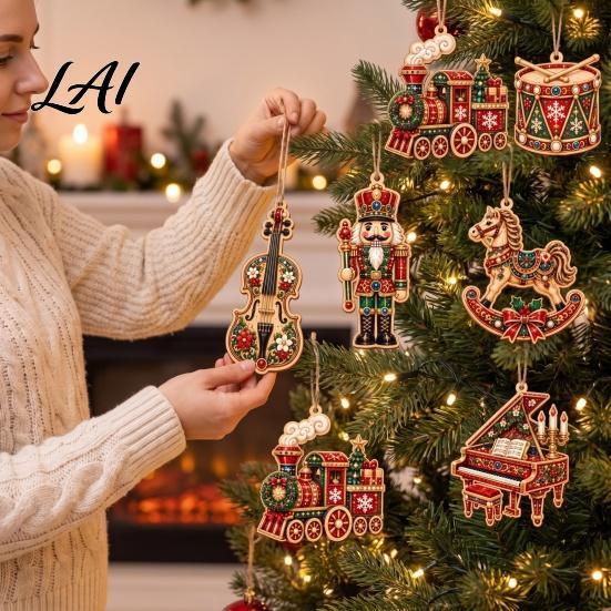 Nutcracker Decorations 6Pcs/Set Wooden Christmas Hanging Ornaments Retro Rocking Horse Train Decorations Classic Tree Pendants Seasonal Piano Violin