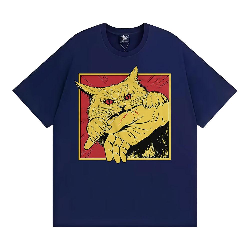 Angry Cat Biting Hand Funny Meme Tee Shirt Unisex Fashion Vintage Oversized T Shirt Men Summer Tops High Quality Cotton T-shirts