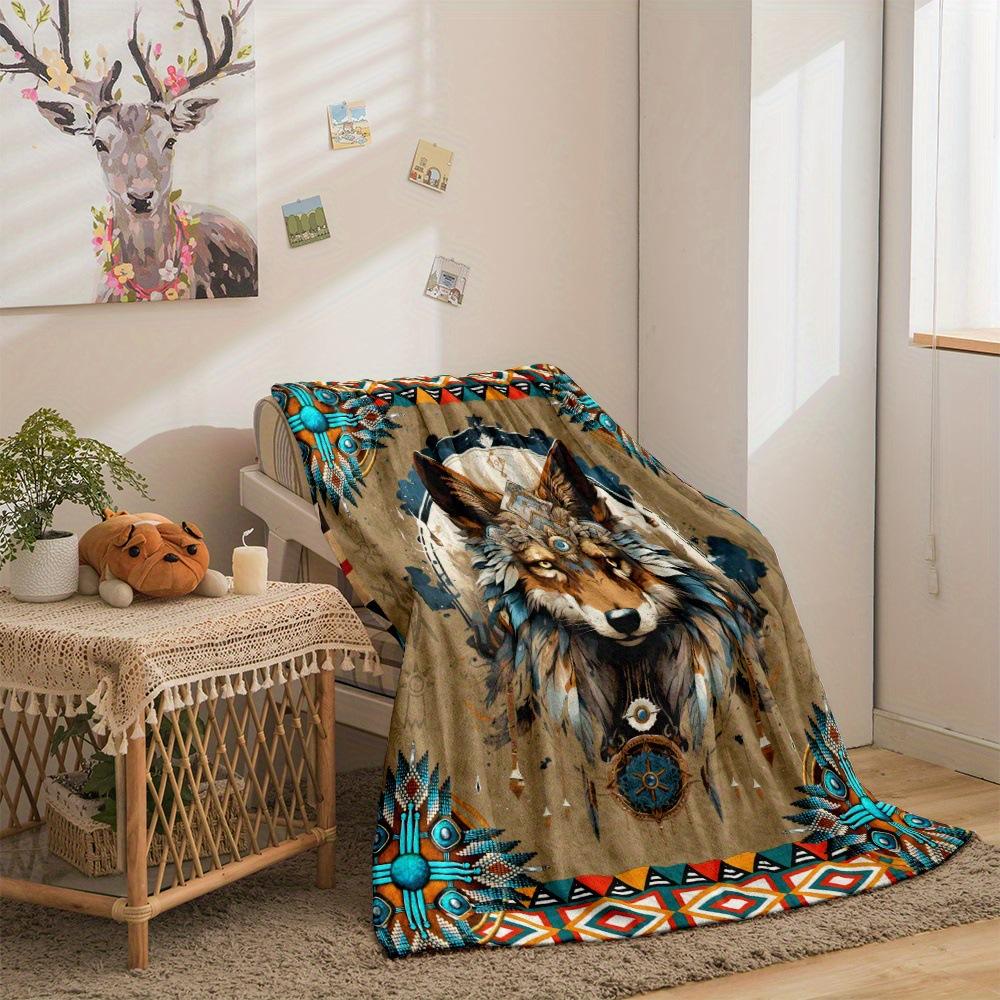 Indian totem wolf pattern digital-printed polyester Bedroom velvet flannel cover blanket Fleece soft cover blankets for beds