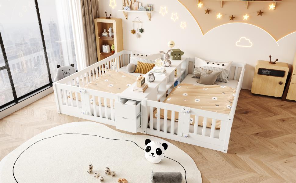 Wooden Bed 90 x 200 cm, With Drawer and Two-Tier Shelf, Children's Double Bed Frame with Safety Rail, High Rails, White