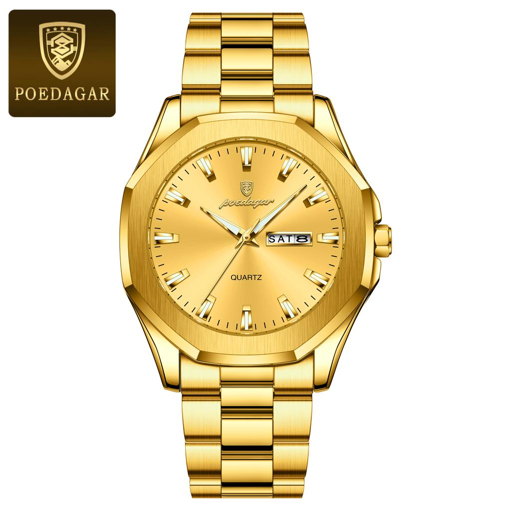 POEDAGAR Luxury Men Wristwatch Waterproof Luminous Week Date Original Man Watch Stainless Steel Sport Quartz Men's Watches