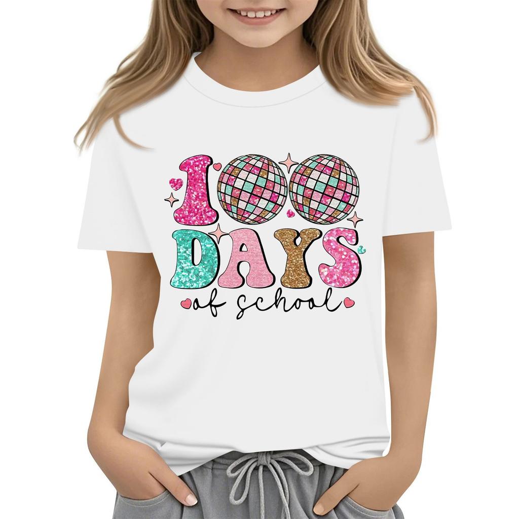 Happy 100th Day Of School Girls Boys Short Sleeve T Shirts Kids Tops Crewneck Tees