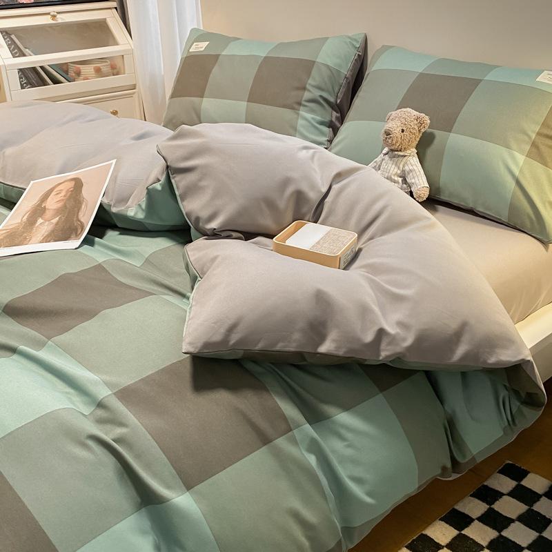 Простыня в клетку из четырех предметов и пододеяльник в японском стиле в скандинавском стиле, набор из трех предметов из стираного хлопка с начесом