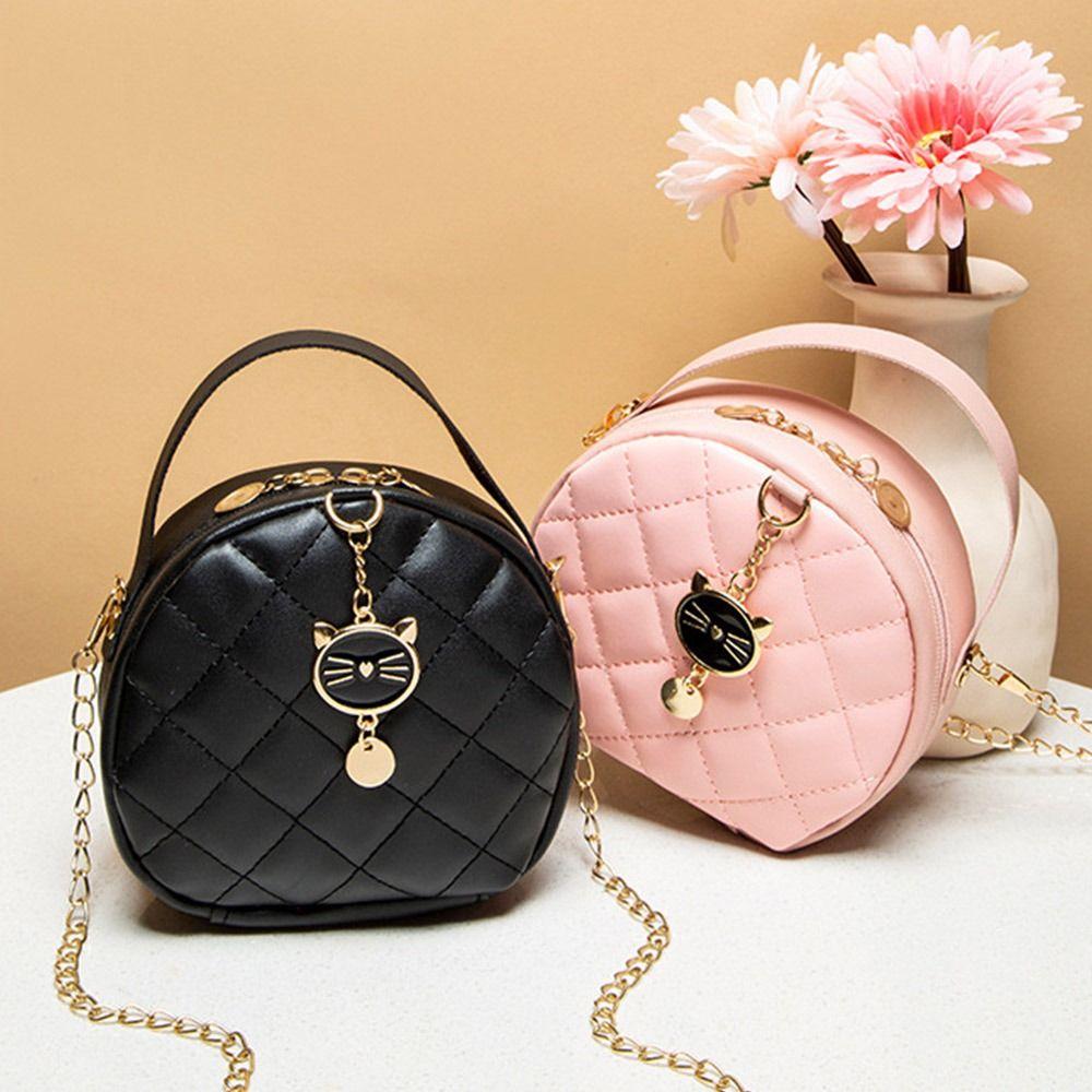 Female Cute Cat PU Leather Messenger Bag Round Handbags Crossbody Chain Shoulder Bags
