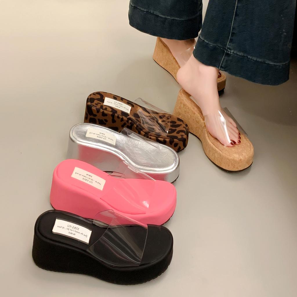 Fashion Female Shoes Slippers Women Summer Heeled Mules Jelly Slides Platform 2025 High Transparent Beach Leopard Leopard Female Shoes S