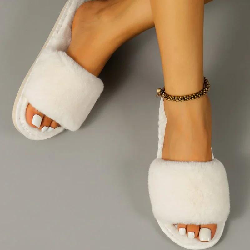 Модные меховые женские тапочки зимние новые модные плюшевые шлепанцы с мелким горлом для дома и улицы повседневные однотонные шлепанцы для спальни туфли на плоской подошве