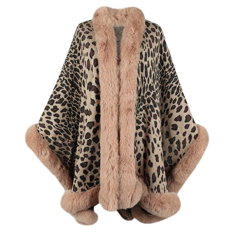 Women's Fashion Leopard Pattern Knitted Cloak Fashion Casual Women's Plush Top Cloak