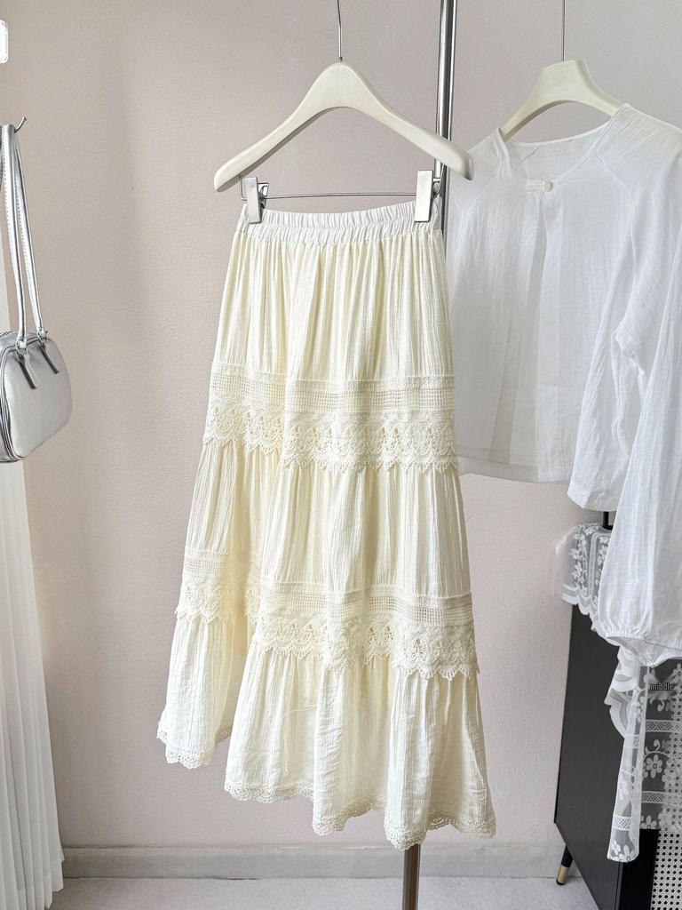 Юбка-миди А-силуэта в корейском стиле с кружевной отделкой 2026 - С высокой талией, многоярусный дизайн "торт"