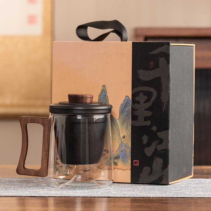 Ручка из черного сандала, офисная кружка, керамическая вставка-фильтр, стеклянная чашка для чая, высококлассная, защита от ожогов, подарочная коробка, портативный подарок