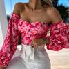 Women's Spring Summer Sexy One Shoulder Wrap Chest Printed Top Blouse