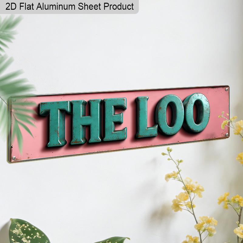 2D Flat 1pc Vintage British Humor Aluminum Sign "THE LOO" with Distressed Pink Background & Green Letters 15.7x3.94 Inch, Retro Metal Wall Plaque for
