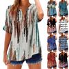 Женский свободный топ из хлопка и льна с принтом, воротником-стойкой и короткими рукавами