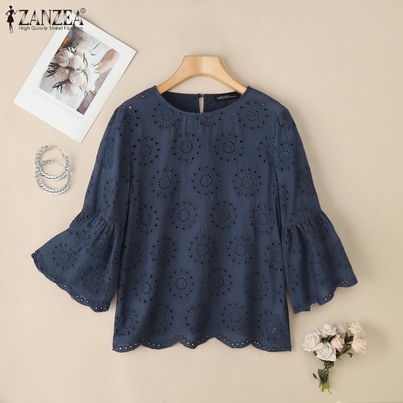 ZANZEA Женская повседневная блузка с круглым вырезом и рукавом 3/4, свободная кружевная блузка в стиле пэчворк