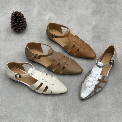 GKTINOO Ручная работа Натуральная кожа 2025 Лето Новые Босоножки с острым носком Ретро Полые Пряжка Плетеные Коровья кожа Женская обувь