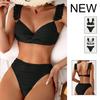 2Pcs/Set Women Sexy Bikini Set Ruffle Sleeve Knotted Pleated Bra High Waist Briefs Set Solid Color Quick Drying Swimsuit