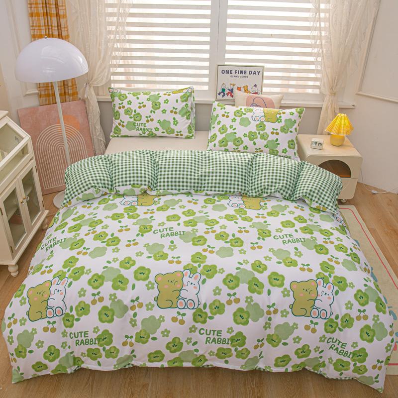 Cartoon Animal Rabbit Bear Duvet Cover Girls Strawberry Floral Bedding Set Reversible Kawaii Comforter Cover With 2 Pillowcase