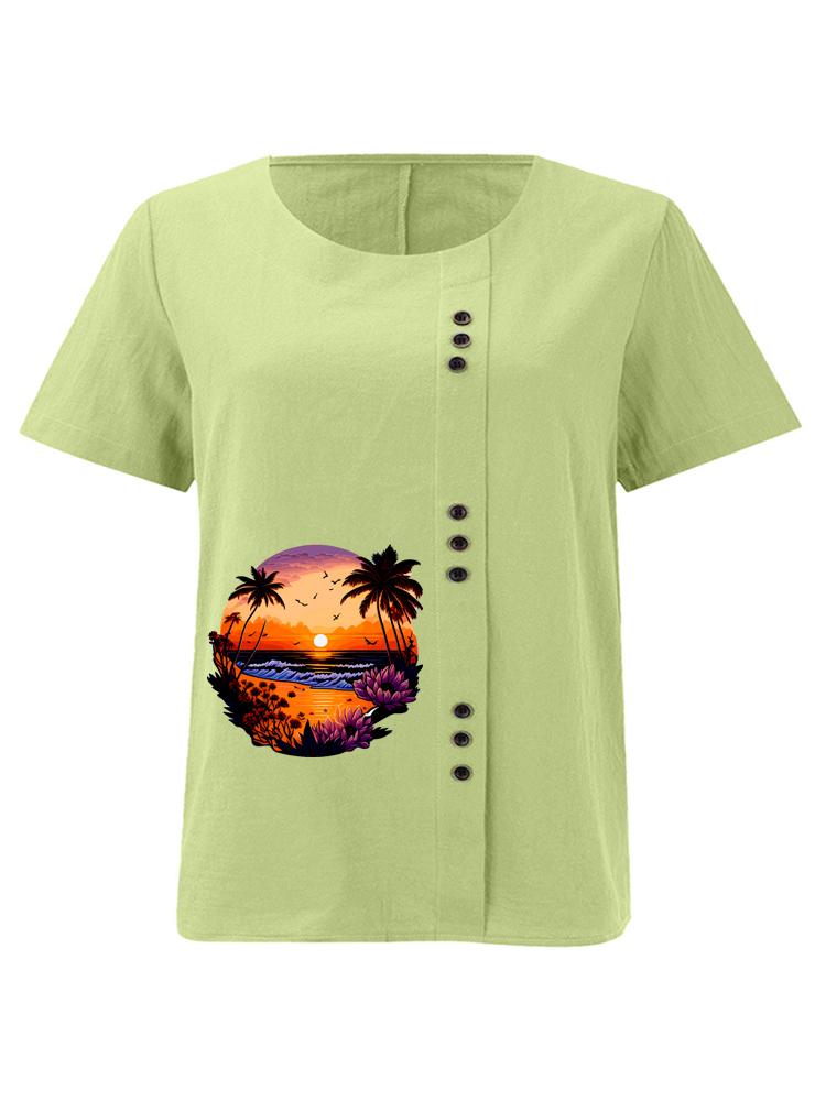 Women's Fashion Landscape Pattern Printing Shot Sleeve T-shirt Loose Cotton Shirt Casual Loose Summer Plus Size Blouse Tops