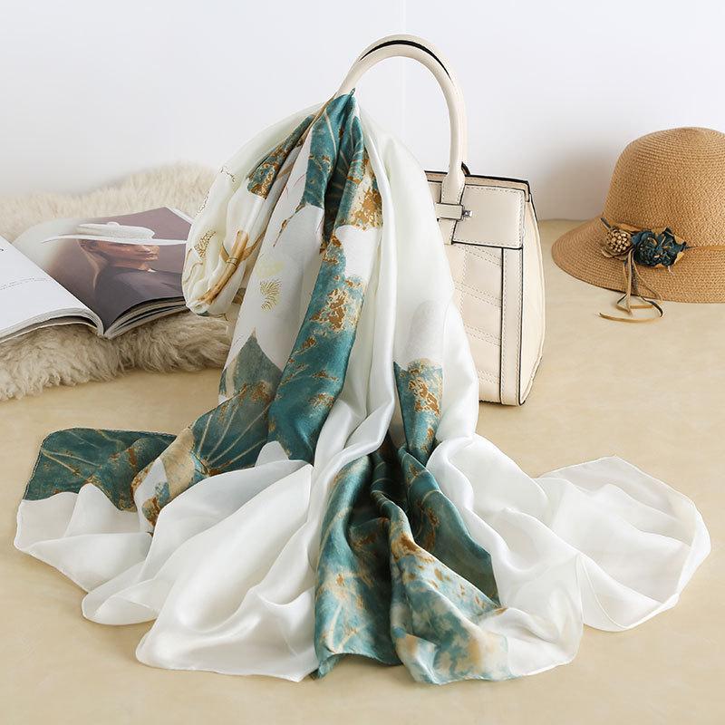 Long Silk Scarf Spring and Summer Thin Style Printed Scarf Beautiful Brocade Lotus Shawl Imitation Silk Scarf Gauze Scarf