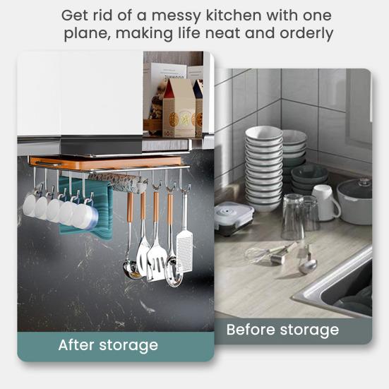 Yousheng Навесная полка под шкаф для хранения с 10 крючками, 2 держателями для полотенец и держателем для разделочной доски, установка без сверления, крючки для кружек и кухонной утвари