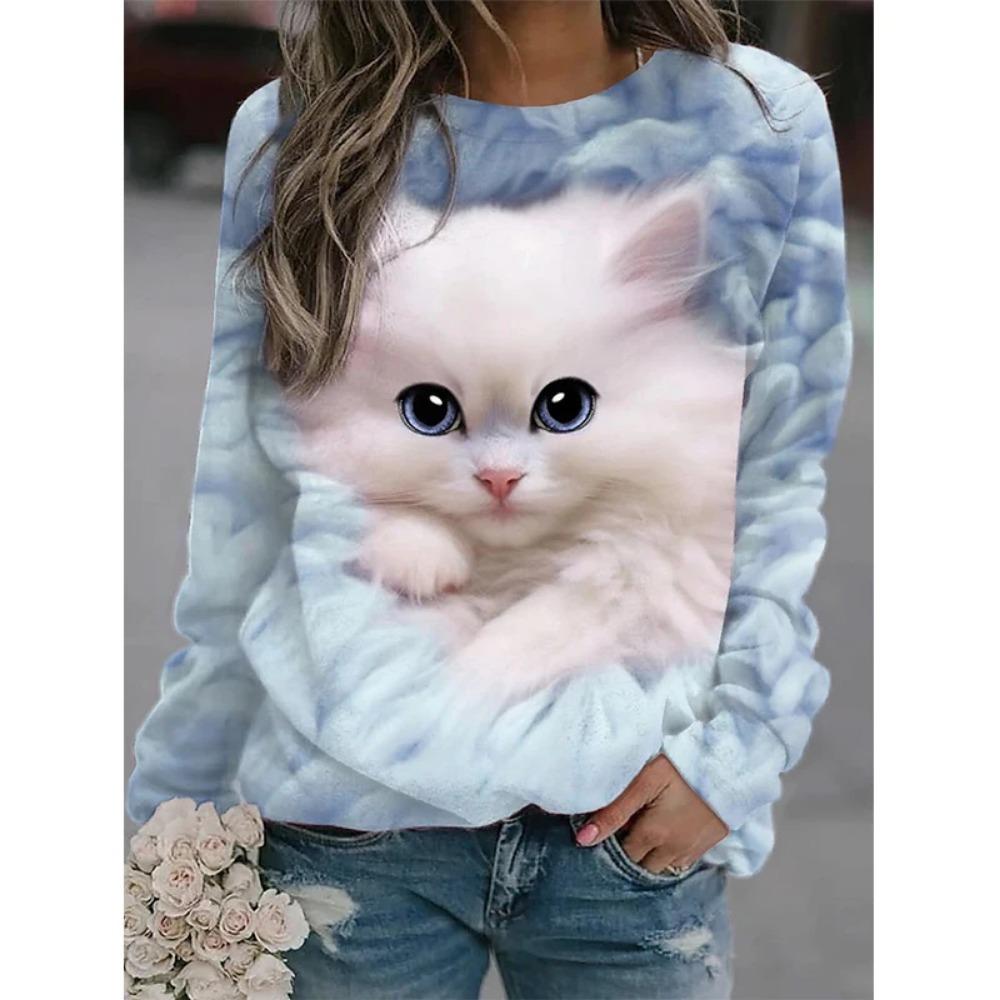 New Cute Cat 3D Printed Women's Fashionable Round Neck Long Sleeved T-shirt