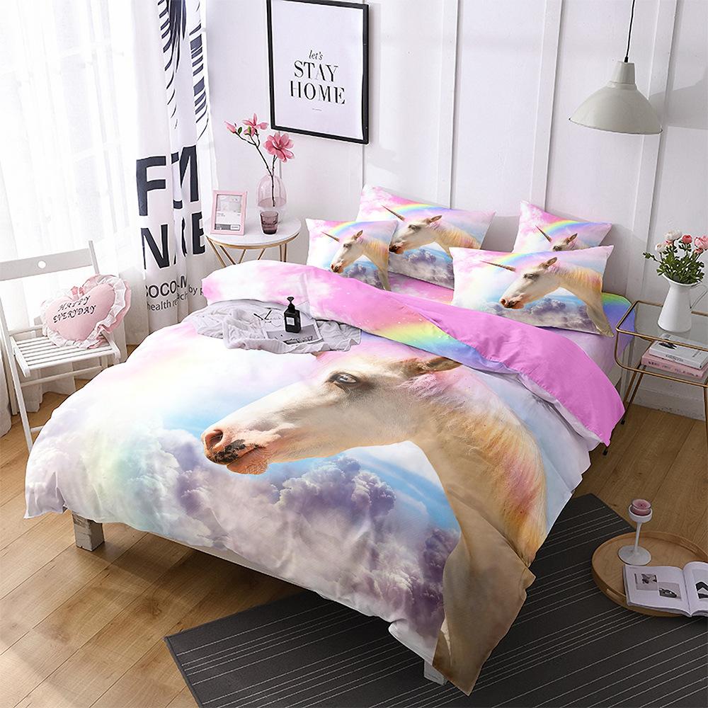 Home Textiles Rainbow Unicorn Bedding 3D Digital Printing Quilt Set Three-Piece Set