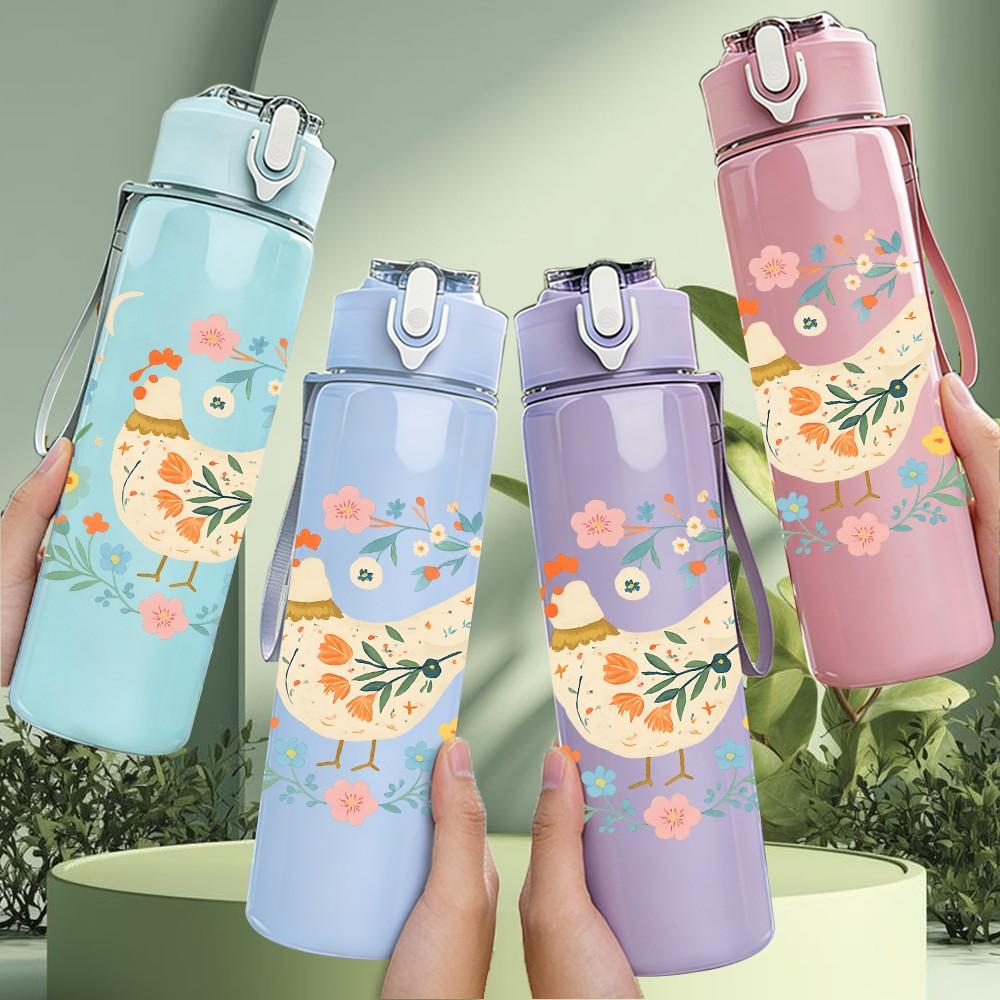 1PC Floral Bird Wreath Drawing 750ml Color Plastic Sports Water Bottle Leakproof Flip Straw Lid Suitable for Sports Office Home Use