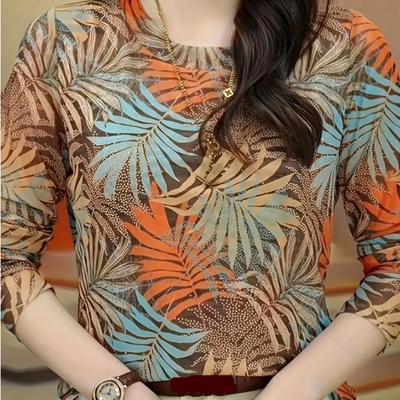 Топы для женщин с принтом листьев на плоской подошве, круглым вырезом и длинным рукавом, футболка, осенний повседневный тонкий пуловер, женский топ с длинным рукавом