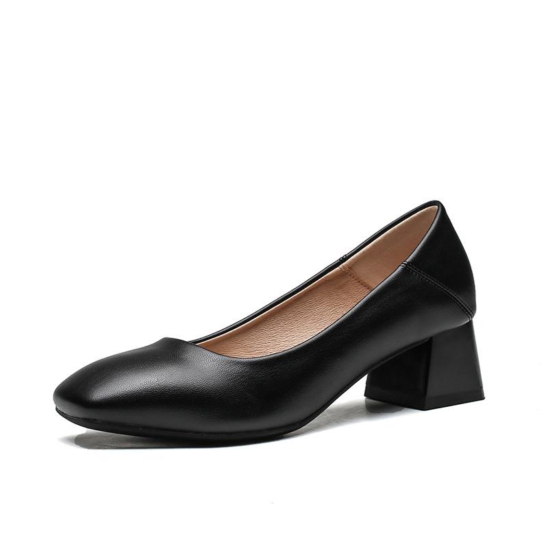 Черные классические туфли на толстом каблуке для женщин, простые туфли из кожи с квадратным носком на низком каблуке для офисных работников, стюардесс, этикет для отелей