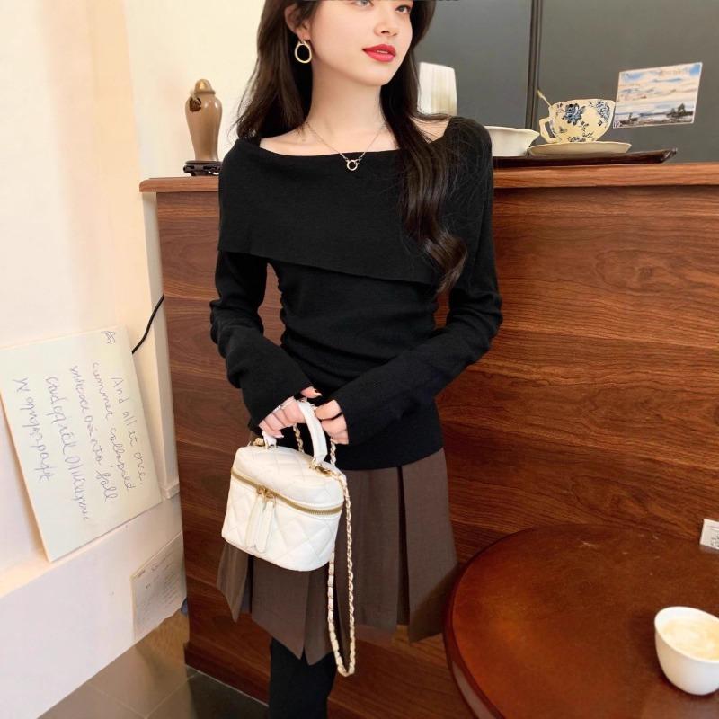 Irregular One-word Shoulder Sweater Women's Spring Slim-fit Babes Top Chic Knitted Bottoming Shirt