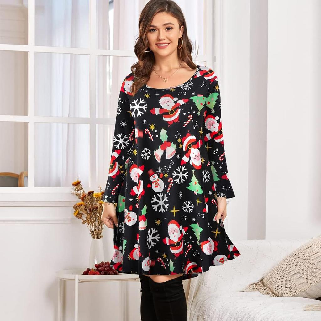 Весенне-осенние модные рождественские платья с мультяшным принтом, женское платье среднего размера с рукавами среднего размера