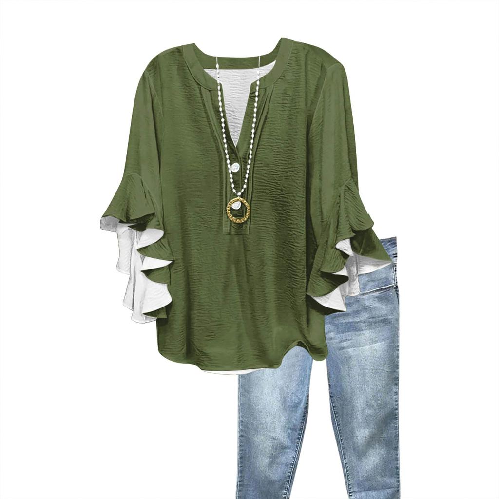 Women's Fashion Casual Button V-Neck Seven Sleeve Vintage Solid Color Shirt Top