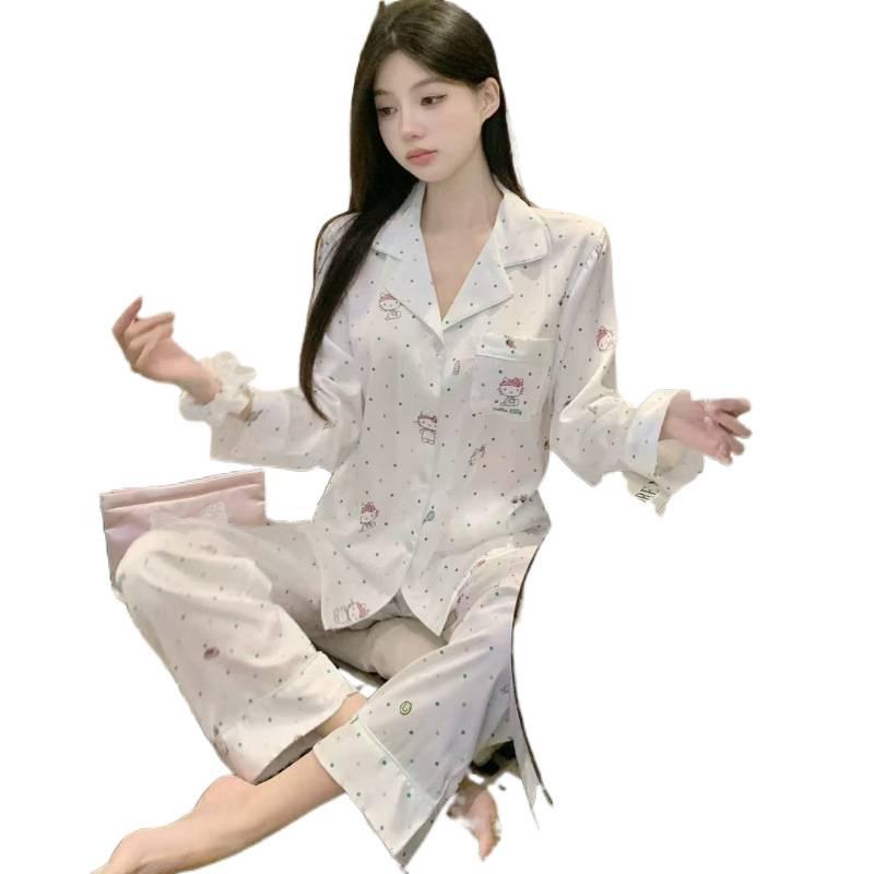 Autumn new sweet and cute cartoon cat print pajamas Korean version of girls' ice silk long-sleeved loungewear can be worn outside
