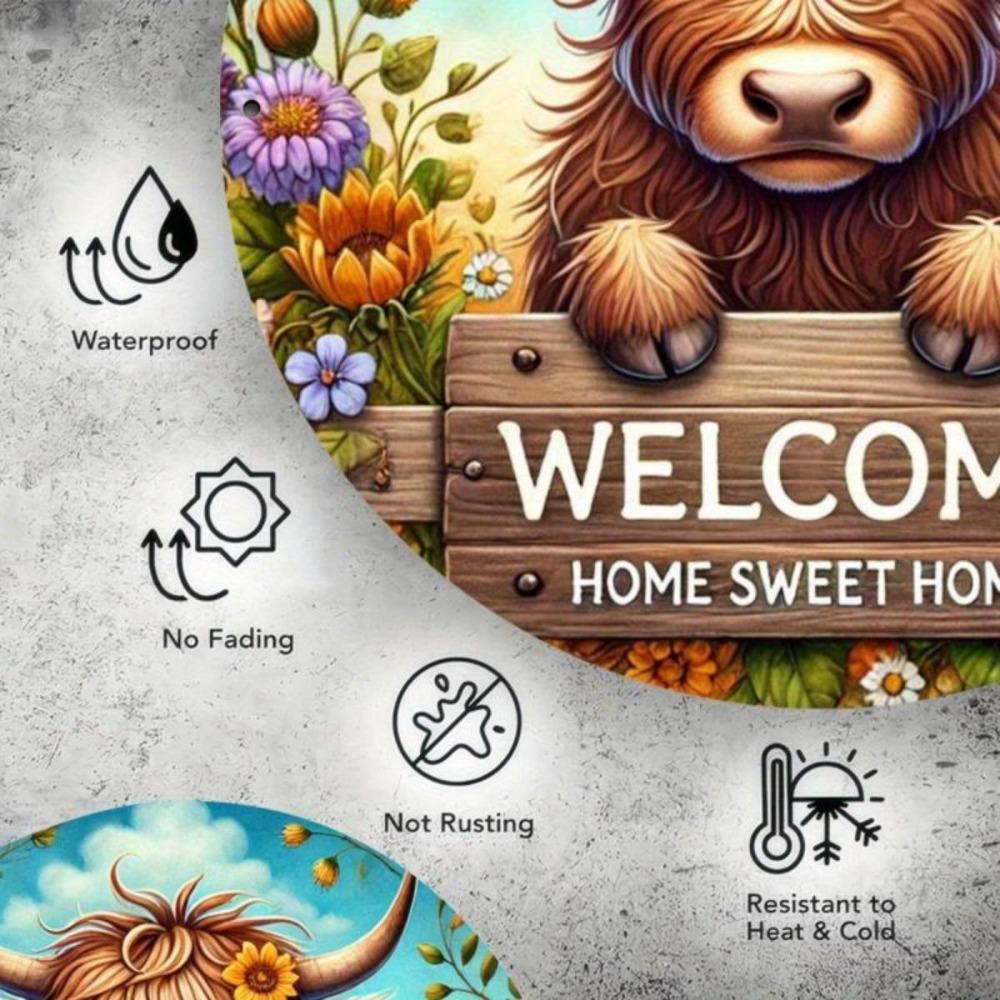 Hisun Tin Sign Vintage Welcome Home Sweet Home Highland Cow Metal Tin Sign Cute Floral Sunflower Round Wall Art Decor Rustic Farm Animal Cow