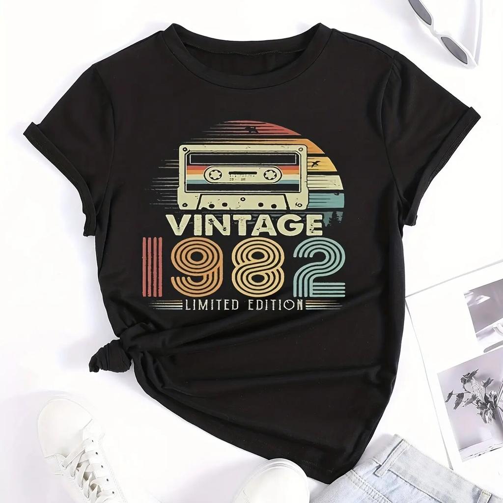 Vintage 1982 Letter Print Unisex T-shirt Casual Crew Neck Short Sleeve T-shirt WoUnisex Clothing Female TopsTees