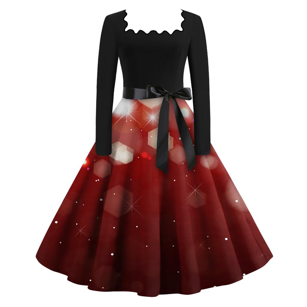 Women's Fashion Square Neck Casual Slim Christmas Printed Long Sleeve Dresses