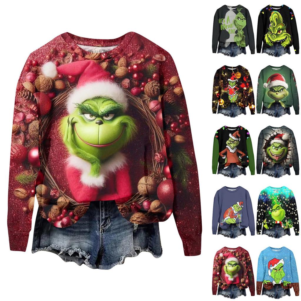 Women's Fashion Christmas Printed Long Sleeve Loose Round Neck Sweatshirt Top