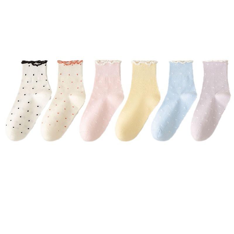 Черные носки с кружевом из древесного гриба для женщин, стиль весна и осень, махровые носки, хлопковые носки, летние носки в горошек с отворотом, бесшовные носки до середины икры