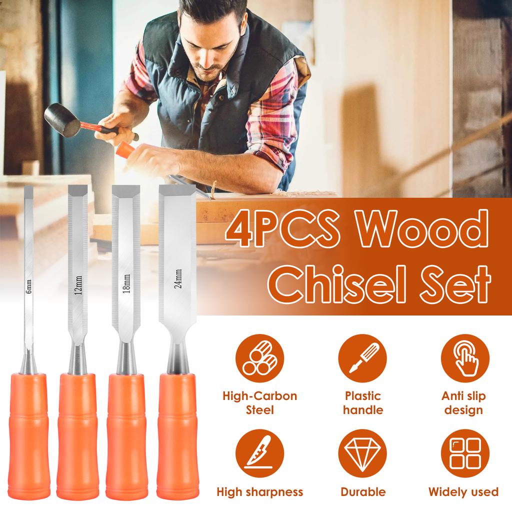 4 шт. стамески по дереву из углеродистой стали со скошенными лезвиями 6/12/18/24 мм, прочные ручные инструменты для деревообработки