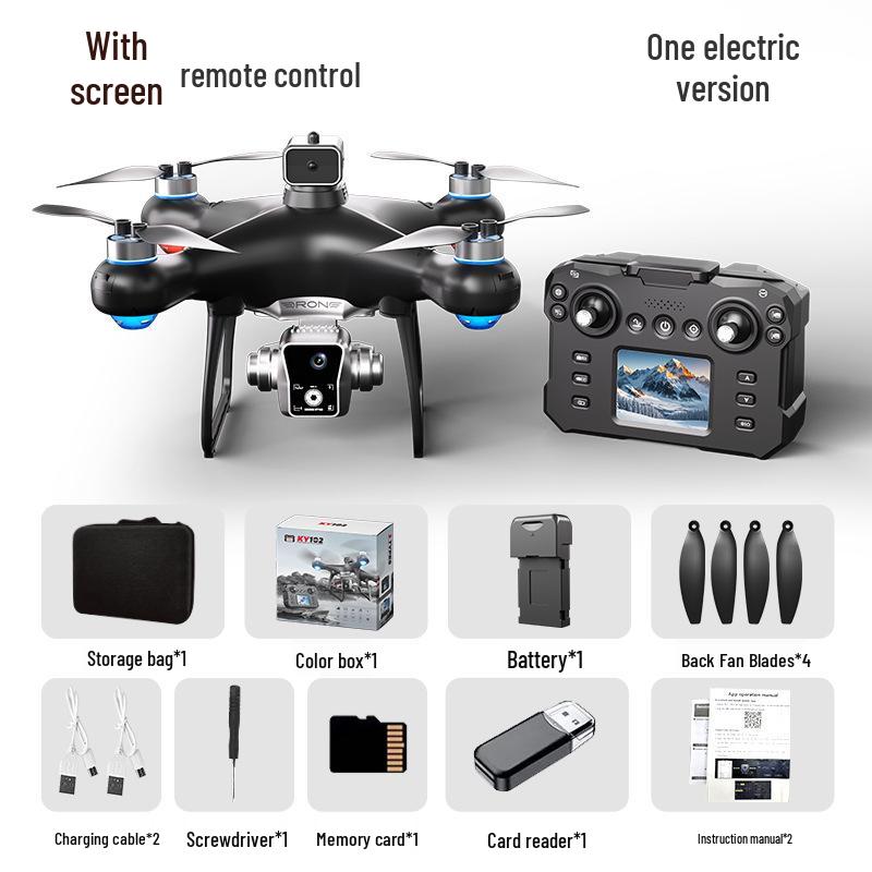 Дрон KY102 с управлением экраном, позиционированием по оптическому потоку, бесколлекторным двигателем и четырехосевым пультом дистанционного управления.